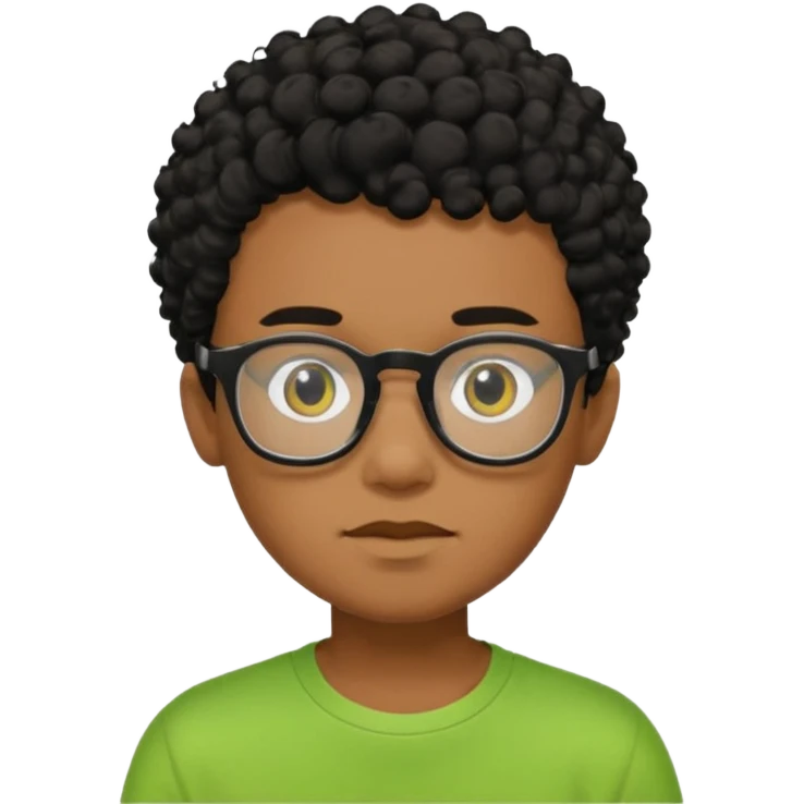 Menino pardo com cabelo curto cacheado preto raspado dos lados, de óculos preto quadrado e blusa verde e amarela emoji