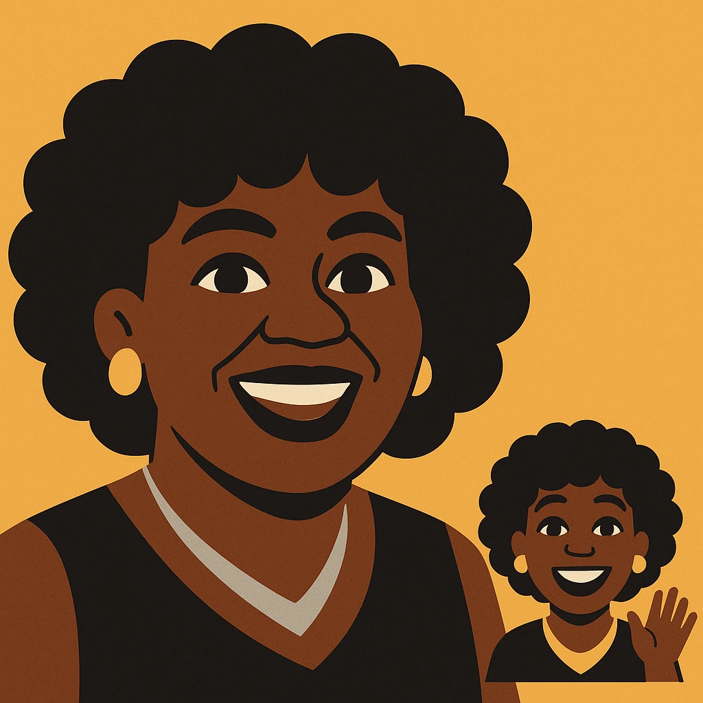 Create another emoji of this lady using a color palette of black, silver, gold, and white. Show her waving, with joyful expression and matching hairstyle, in a vibrant toon style. emoji