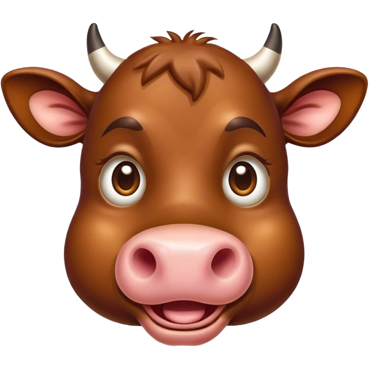 Cinematic Comical Brown Cow Portrait Emoji, Head tilted dramatically with an exaggeratedly amused expression, featuring a striking, glossy brown hide with a playful natural pattern, wide, expressive brown eyes filled with humorous disbelief, Simplified yet hilariously expressive features, highly detailed, glowing with a slightly sassy glow, high shine, dramatic yet playful, stylized with an air of cheeky farmyard mischief, bright and endearing, soft glowing outline, capturing the essence of a spirited and over-the-top cow, so meme-worthy it feels like it could moo its way into internet fame instantly! emoji