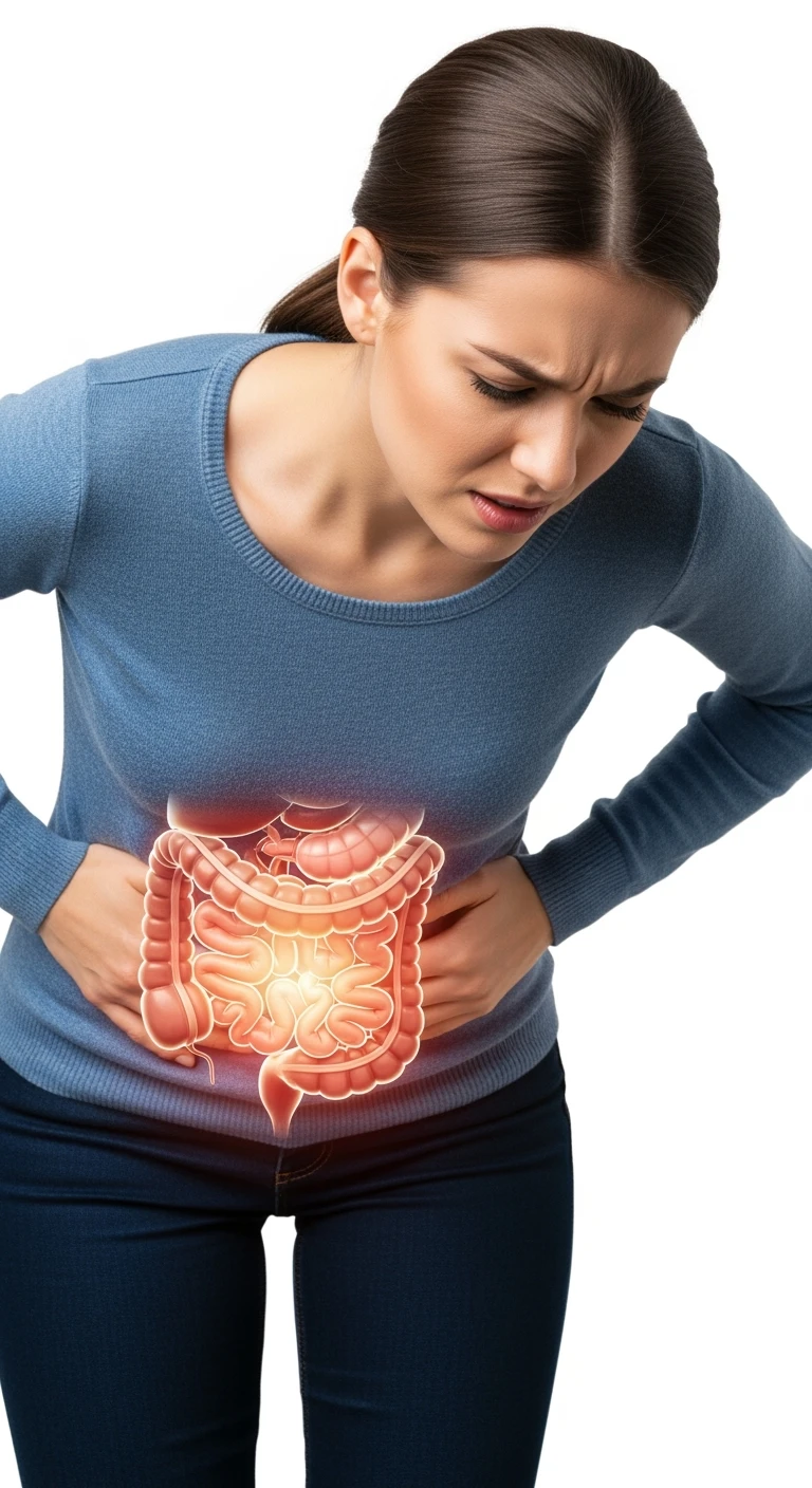 donna piegata in avanti frontalmente con mal di pancia, espressione di dolore in volto in primo piano e intestino anatomico in evidenza, iperrealistico 4k, sfondo bianco emoji