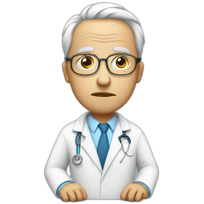 sad bowing man in lab coat with reading glasses emoji