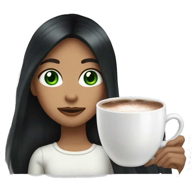 Girl with long black hair and green eyes, wearing white with a cup of hot chocolate  emoji