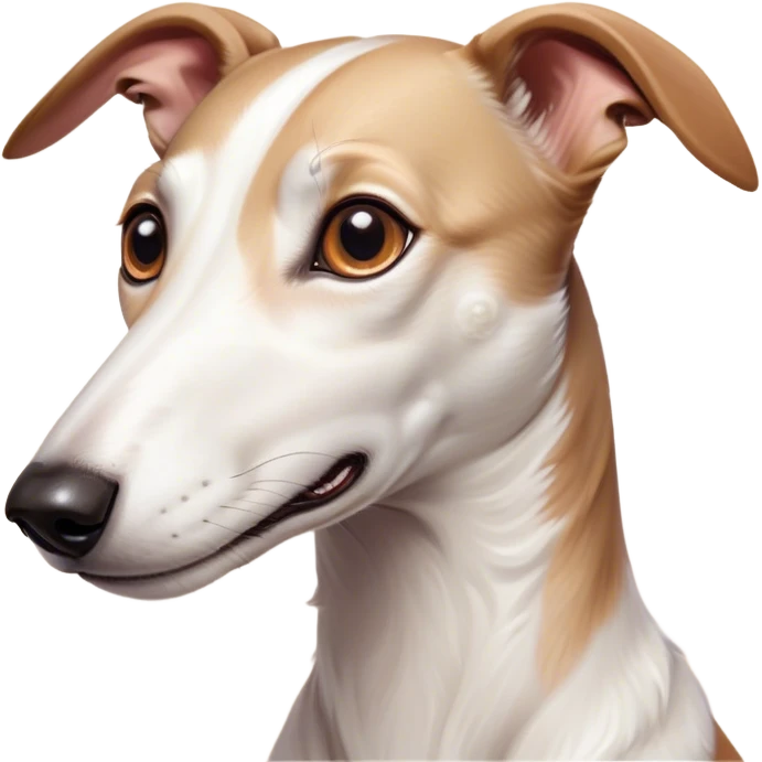 Cinematic Cute White and Brown Greyhound Portrait Emoji, Head tilted playfully and inquisitively, featuring a smooth white Fur with vibrant brown accents and round, sparkling eyes filled with curiosity, Simplified yet irresistibly adorable features, highly detailed, glowing with a warm, friendly glow, high shine, affectionate and nimble, stylized with a touch of whimsy, bright and endearing, soft glowing outline, capturing the essence of a mischievous yet loving racer, so playful it feels like it could sprint out of the screen and into your arms! emoji