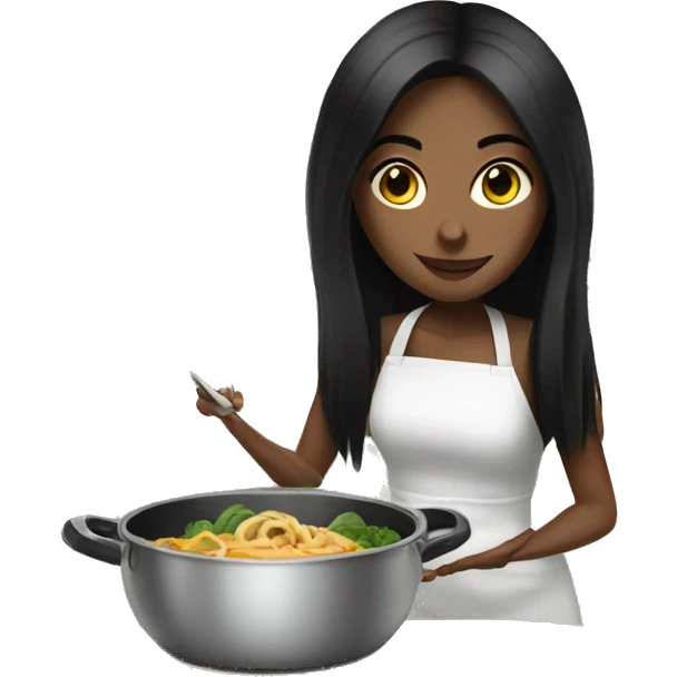 Pale girl with long black hair cooking dinner  emoji