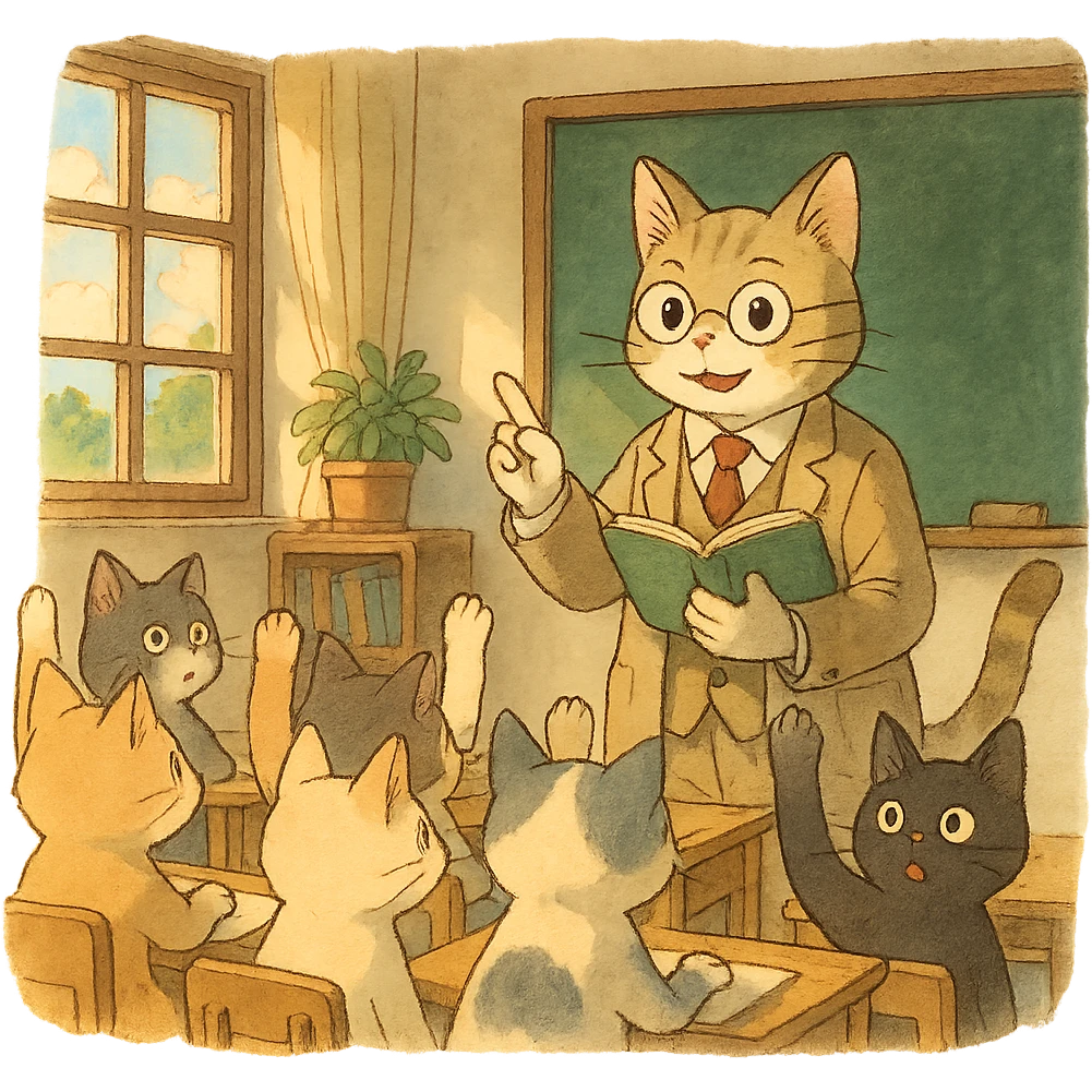 cat teacher asking questions to student cats, students raising hands, classroom atmosphere, warm and friendly scene, ghibli style emoji