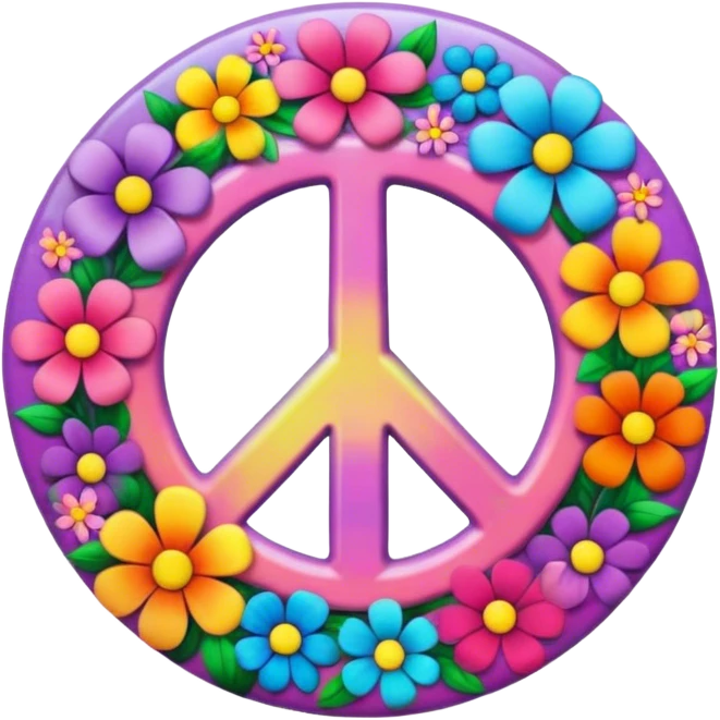 A round psychedelic colored button with a peace sign and flowers in the center emoji