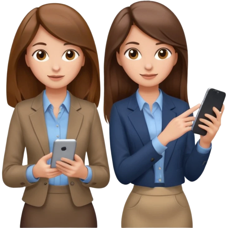 two brown haired girls, looking professional maybe leaned back on back and looking forward and using phones, with longer hair and with some cute clothes without ties, blowout hair, one girl can hold lap top athoer one can hold the phone emoji