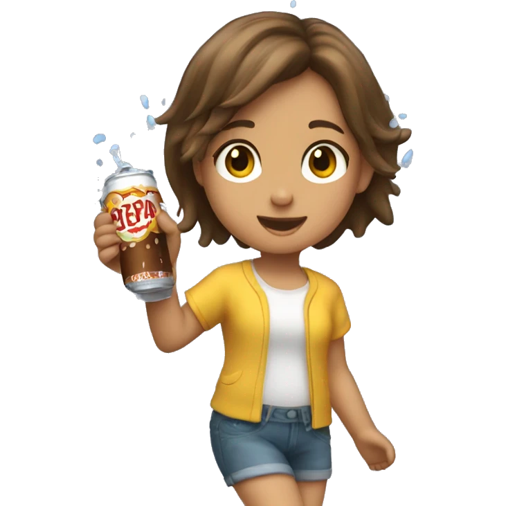 a little girl dancing in the rain with  brown hair and a soda on her shirt emoji