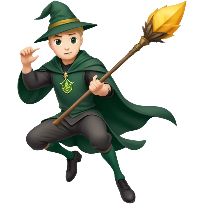 A muscular strong Slytherin student in final year without hat, sitting on a broomstick between his legs, chasing after a golden snitch emoji