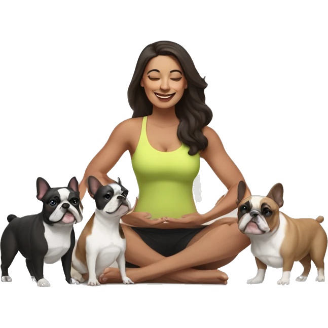 latin woman with long dark brown hair expressing joy dressed in a yoga outfit alongside two french bulldogs emoji
