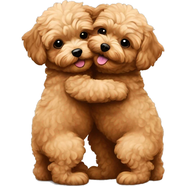 2 brown maltipoo dogs hugging, they are brother and sister emoji