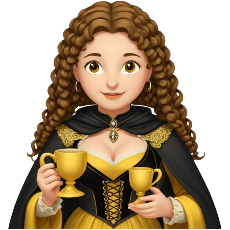 Helga Hufflepuff, brown-haired, 2 curly thick brown braids, yellow-black medieval dress, black cloak decorated with gold lace, tiny two-handled shiny yellow-gold cup, very kind smile, curvy busty sweet woman, thick rosy cheeks emoji