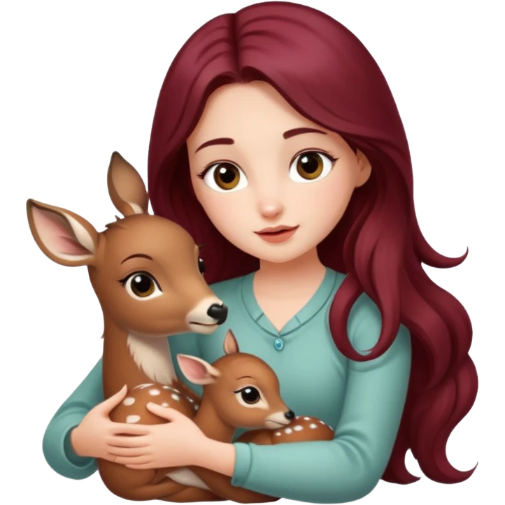 Beautiful burgundy long haired girl petting baby deer emoji