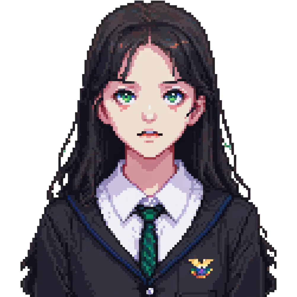 Girl in the shade, dark hair, dark school uniform, face in shadow, only outlines of eyes and mouth visible emoji