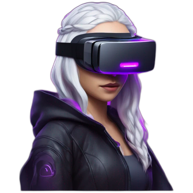 Daenerys Targaryen wearing a black hoodie with "OMG" letters on it and VR headset in a cyberpunk VR environment with violet neon lighting. emoji