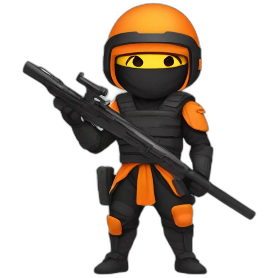 ninja with a halo above their head, two guns on their back, orange visor emoji