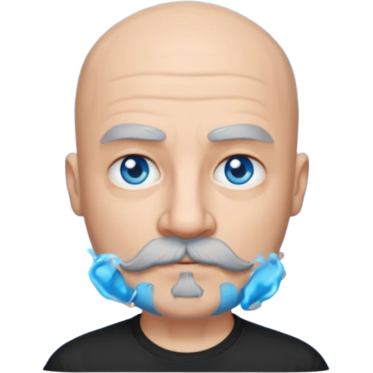 Bald man with blue eyes grey beard and moustache. Black T-shirt  emoji
