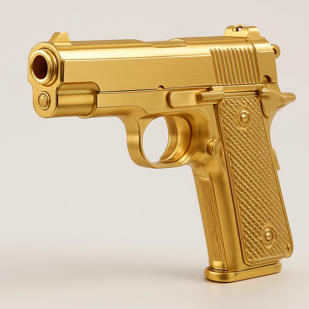 a golden gun, ornate and reflective, in gold objects style emoji