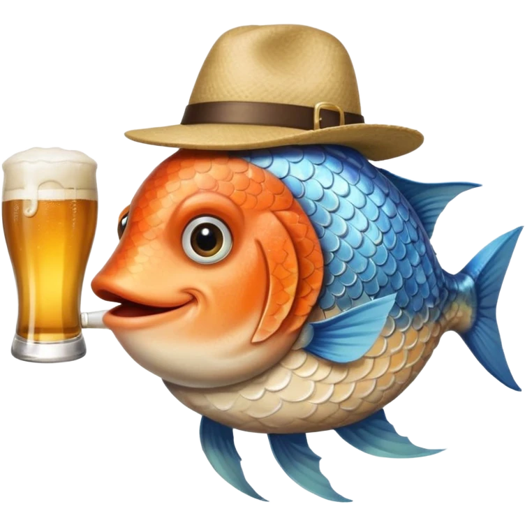 fish holding a beer and wearing a hat emoji