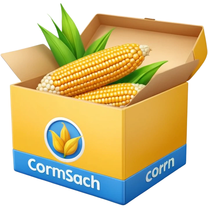 realistic box of cornstarch, small, yellow with blue, rounded edges, corn cob and green leaves illustration, 'CORN STARCH' in red, smooth glossy, minimal, clean 3D, soft lighting, transparent background, emoji scale emoji
