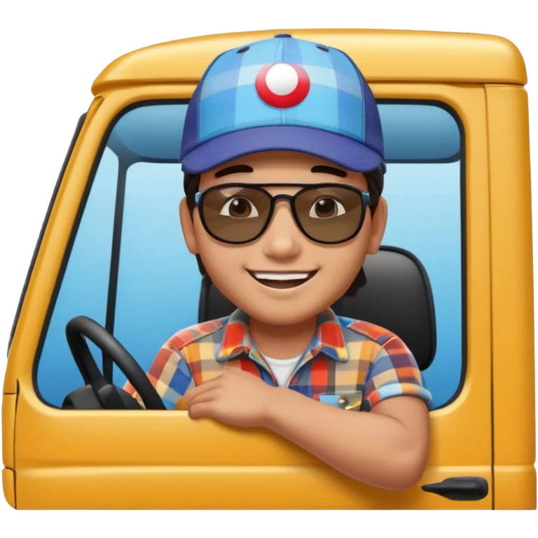 Cute emoji style illustration of a Peruvian truck driver, smiling young “chofercito carretero”, wearing baseball cap, sunglasses, plaid shirt, leaning out of a Hino 500 truck window, vibrant colors, bold outlines, glossy 3D emoji style, sticker design, transparent background emoji