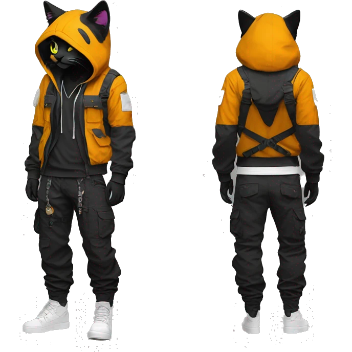 Edgy Anthro cool pretty colorful dark cat-fursona techwear cargo pants hoodie emoji