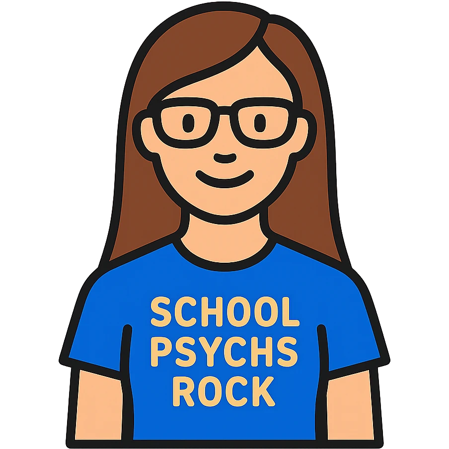 Create a color outline icon of this person wearing a t-shirt that says 'school psychs rock'. The style should be friendly and approachable with clear text and a modern icon style. emoji