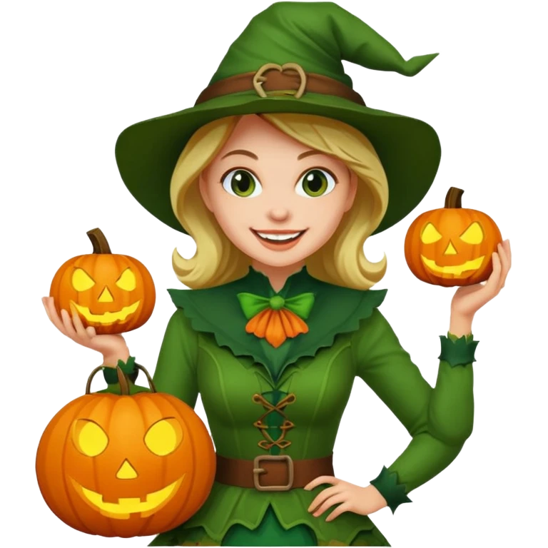 Woman Hunter With Jack o Lantern, wearing green costume emoji