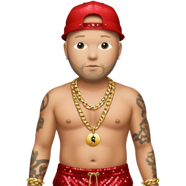 Fred Durst with red sequin baggy pants, shirtless with necklace emoji