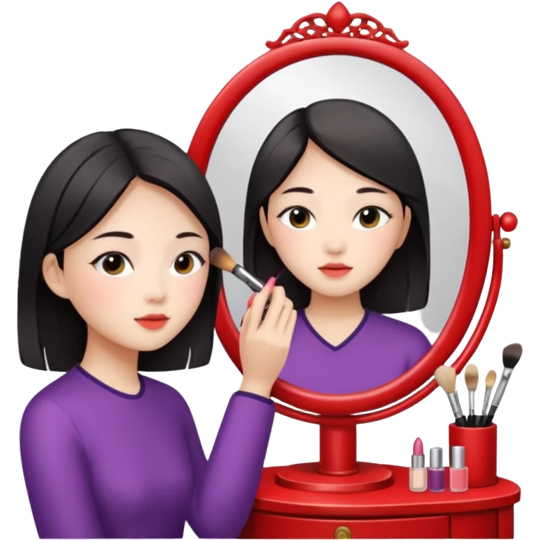 A chinese girl is prettying herself in front of mioor emoji