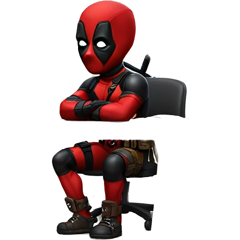 Cute Deadpool sitting at a desk, front view emoji