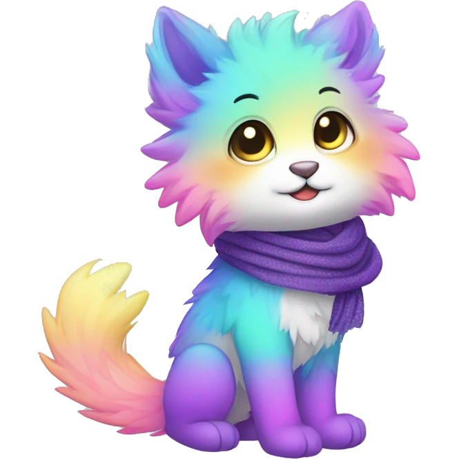 Edgy Kawaii cute cool gorgeous colorful sparkly bright light pastel gradient fantasy ethereal fluffy fursona animal creature with a cute scarf full body emoji