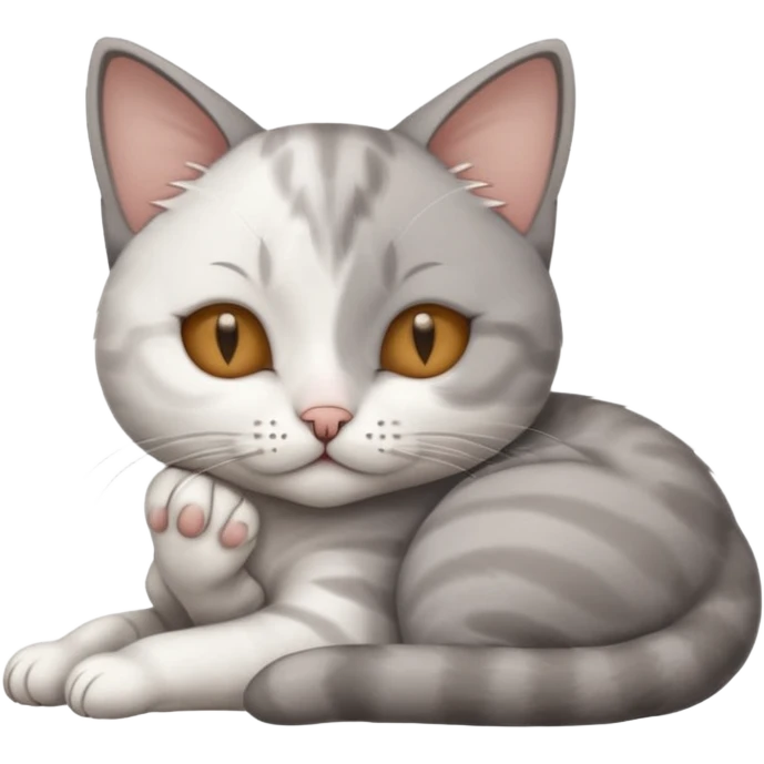 grey and white small cat with its eyes closed lying down with its head resting own paw emoji