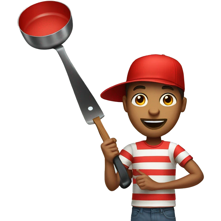 a guy in a striped T-shirt and a red hat is holding a frying pan emoji