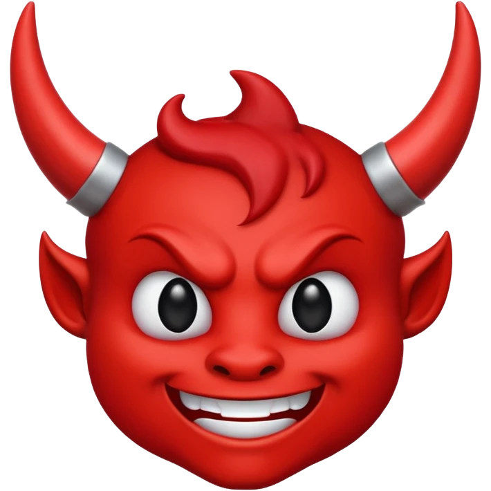 CARTOON STYLE EMOJI of a RED DEVIL FACE with small HORNS pointing up, BLACK EYES, and a MISCHIEVOUS SMILE. The entire face is RED with a smooth glossy texture. BACKGROUND is PURE WHITE, clean and simple. emoji