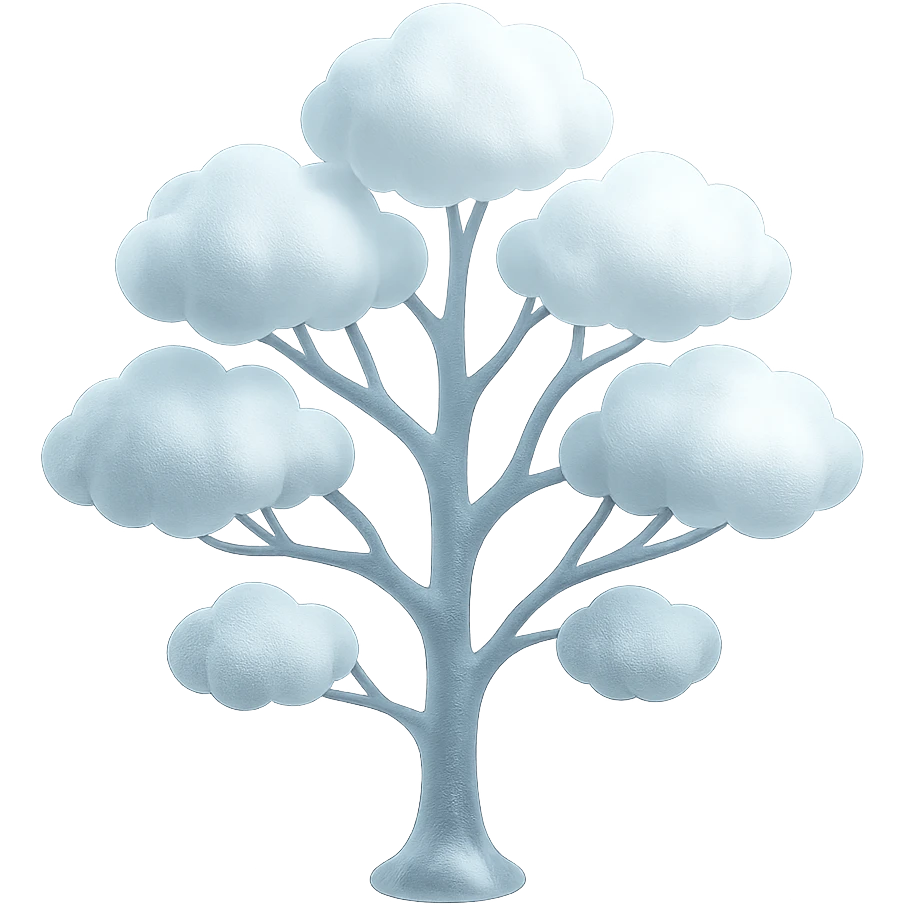 one tree with many branches and a white trunk, crown made of small very bright white fluffy convex clouds, matte glass style emoji