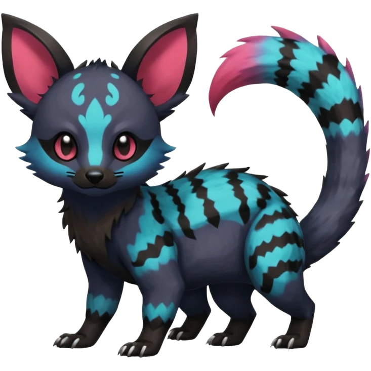 Rare exotic realistic cute epic aesthetic gothic colorful Salandit-Eevee-Civet-species-Fakemon-hybrid-creature, with markings, full body emoji