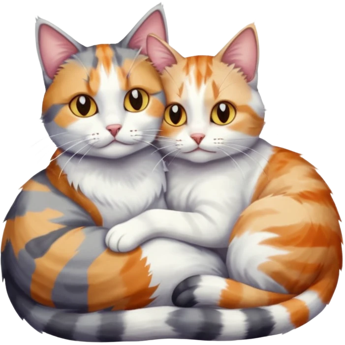 grey and white cat cuddling a colourful light patched calico + white tabby cat emoji