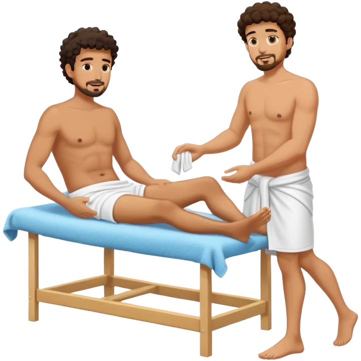 Gebräunter Manm nur mit handtuch um den unterkörper (araber mit schwarzen locken und ziegenbart) bekommt fußmassage von einem anderen mann emoji