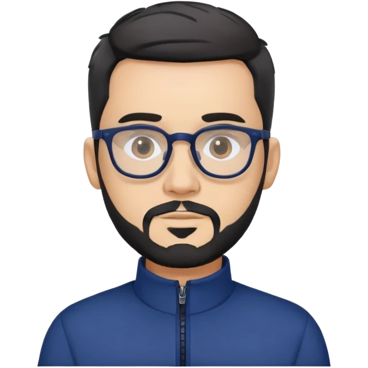 Light-skinned male with short black hair styled up, gray short beard, black-framed glasses, navy blue zip-collar sports long sleeve shirt emoji