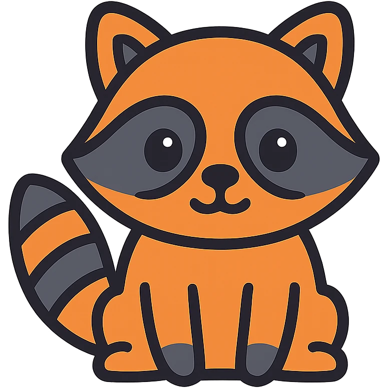 cute cartoon raccoon icon, rounded shapes, friendly expression, striped tail, modern icon style emoji