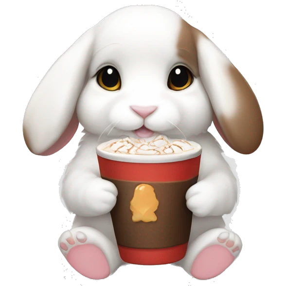 White mini lop drinking marshmallow hot chocolate  emoji