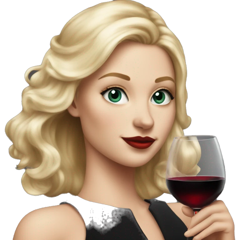 Blonde White girl in black Elegant dress with red wine, HYPER REALISTIC emoji