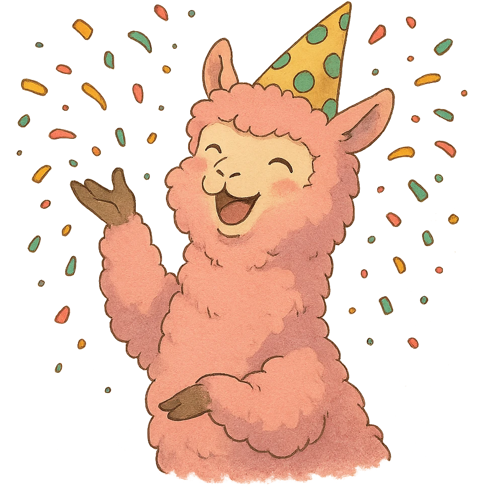 pink alpaca wearing a polka-dot party hat, throwing confetti, soft Ghibli style emoji