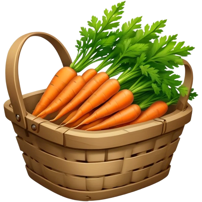 Cinematic vibrant orange carrot, crisp and fresh, slightly twisted with green leafy tops, arranged in a rustic wooden basket, natural and inviting. emoji