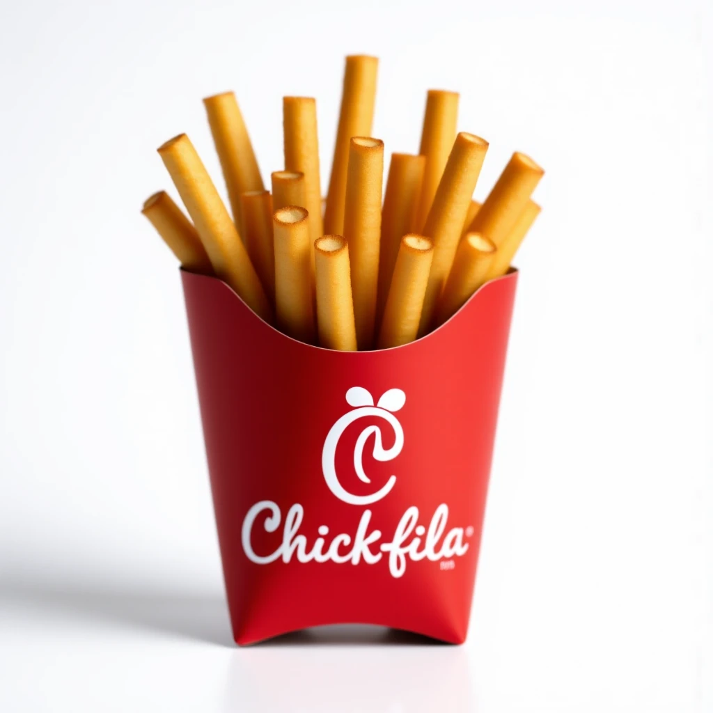 realistic, appetizing Chick-fil-A style waffle fries in a branded red box, isolated on white background emoji