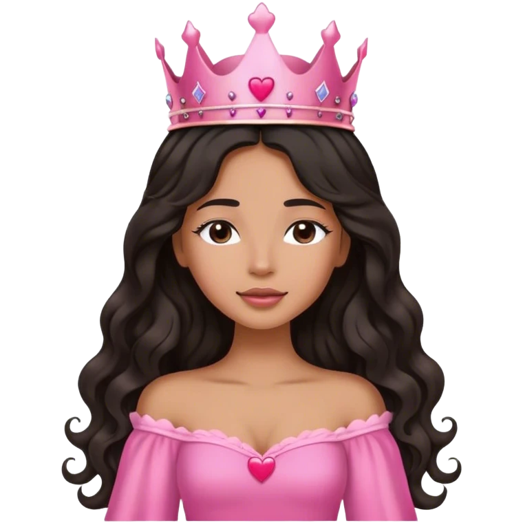 Very tanned princess, with long black wavy hair and a crown, a pink princess Outfit. In love with hearts. With Closed Eyes. emoji