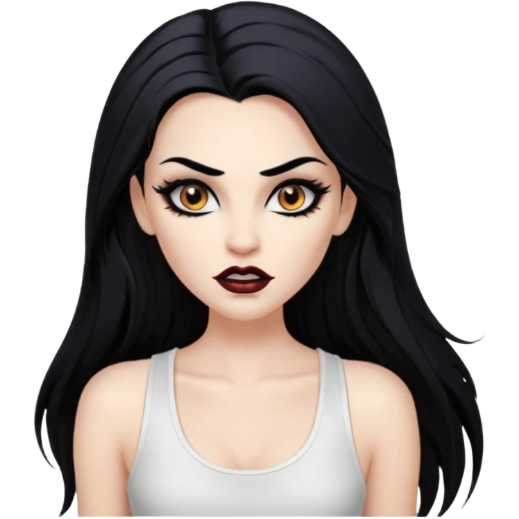 White woman with a white tank top long black hair glossy middle part long hair vamp look with fangs brown eyes eyeliner winged with lashes top and bottom white border big lips black eyebrows emoji