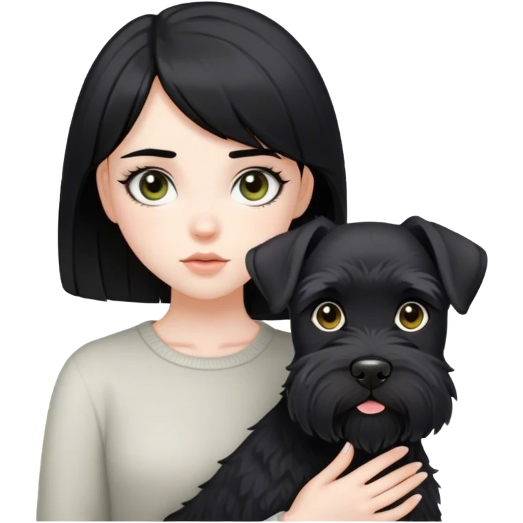 pale girl with light eyes and black hair and black schnauzer emoji