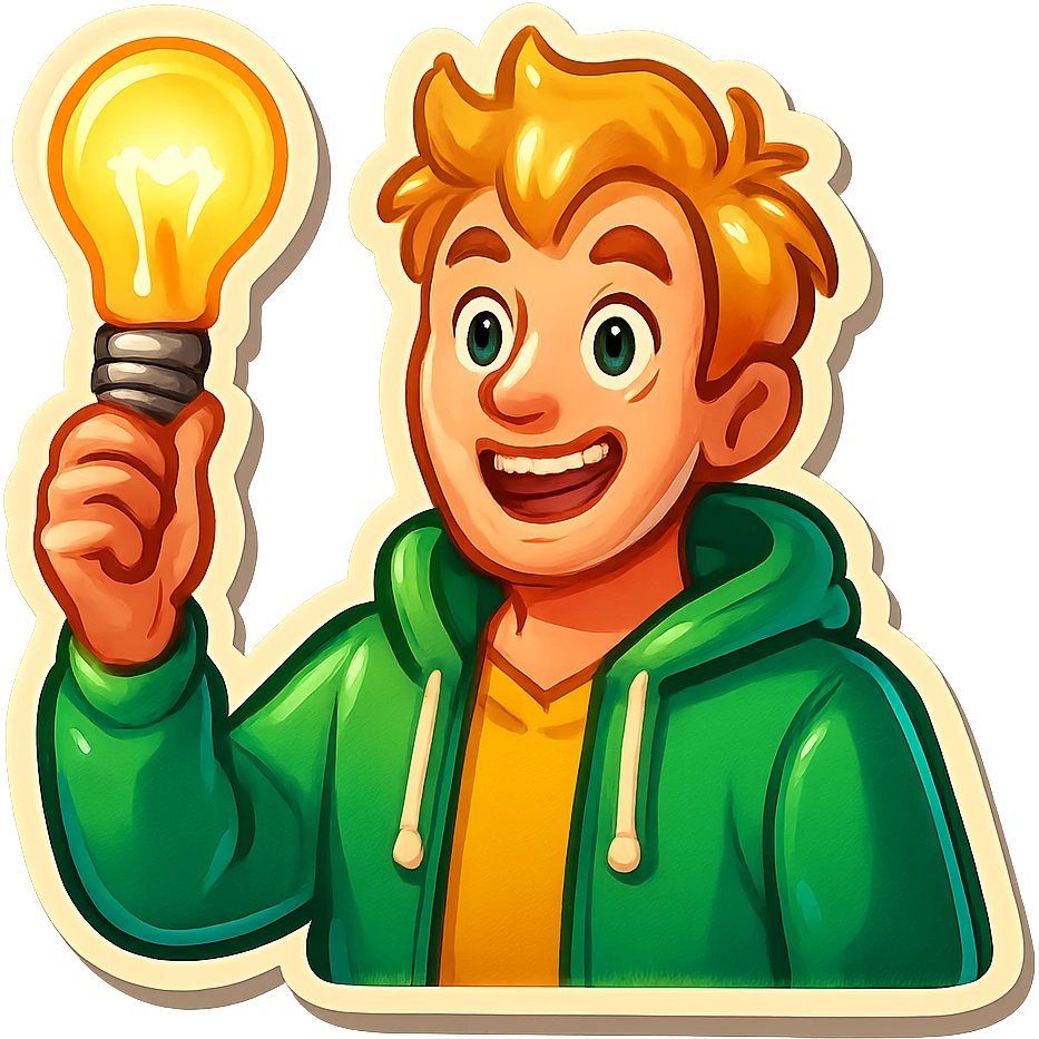 bright and expressive male visionary, fair skin, tousled golden hair, wide joyful eyes, wearing a green hoodie over a yellow tee, one hand raised with a glowing lightbulb, waist-up, front-facing emoji